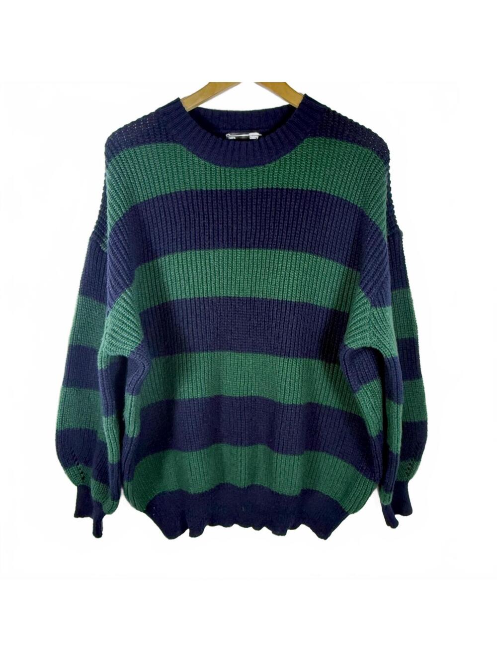 Grandpacore Preppy Oversized Striped Sweater Women XL Navy Green Balloon Sleeve